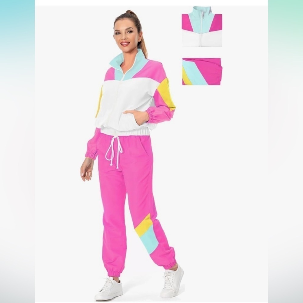 80s  2 Piece Tracksuit Costume Color Block Windbreaker Jacket Pants